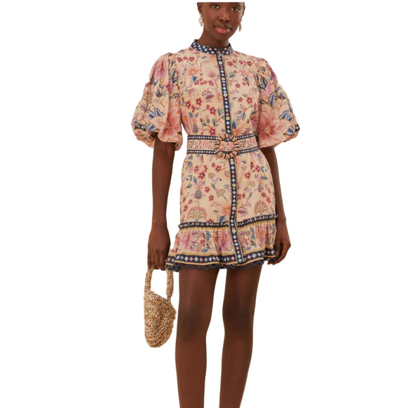 NWT FARM RIO Cream Superbloom Boho Floral Tapestry Puff Sleeve Ruffle Mini Dress - Picture 1 of 3